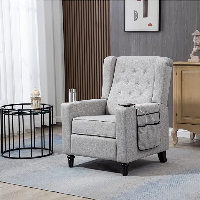 Pushing Recliner Chair Modern Button Tufted Wingback Push Back Recliner Chair Living Room Chair Fabric Pushback Manual Single Reclining Sofa Home Theater Seating for BedroomLight Gray