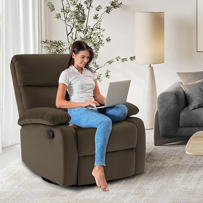 Swivel Rocker Recliner Small Recliner for Small Spaces with Overstuffed Arms and Back Manual Swivel Chair with Ultra-Soft Velvet for Living Room Nursery Bedroom Coffee