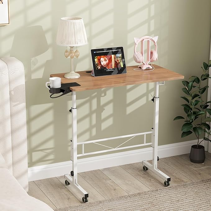 Hadulcet Portable Standing Desk Rolling Desk Adjustable Height Mobile Laptop Desk Small Stand Up Table with Wheels Walking Table for Treadmill Walking Pad Tall Computer Stand Oak