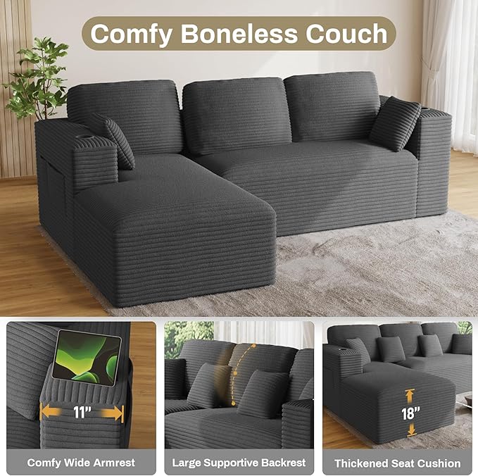 110 Modular Sectional Sofa Cloud Couch Modern Deep Seat Fluffy Corduroy Boneless Couch with Cup Holder Comfy L Shaped Sectional Couches for Living Room Bedroom. (Left Facing Dark Grey)