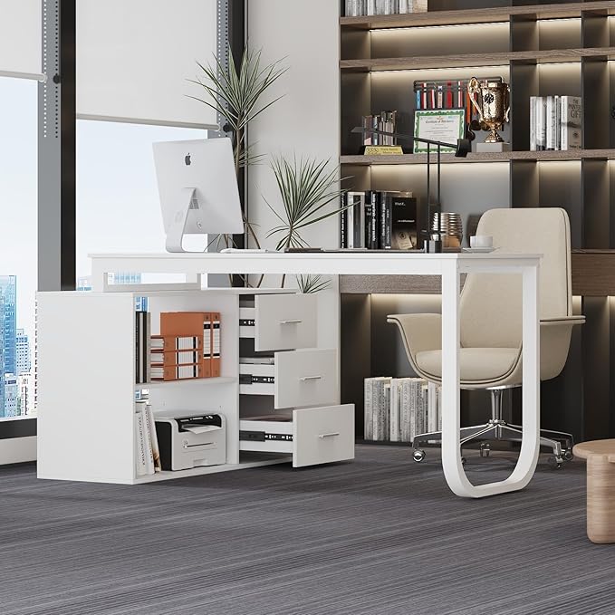 WOODTIME White L Shaped Office Desk with 3 Drawers &amp 2 Shelves 55 Inch Reversible Corner Computer Desk Home Office Executive Writing Sturdy Desk with Metal Legs