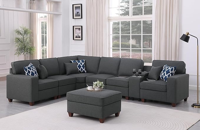 127 L-Shaped Sectional Couch with Movable Ottoman &amp 6 Throw Pillows7 Seat Chenille Upholstered Sofa W/2 Cup HoldersUSB Port &amp Hidden Storage BoxDIY Combinationfor Living RoomApartmentGr