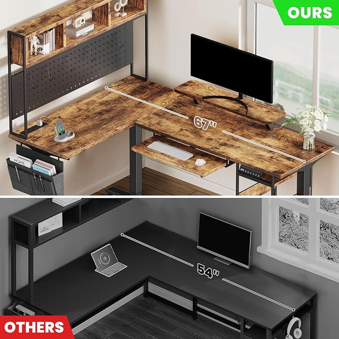 Flycity Electric L Shaped Standing Desk Adjustable Height 67 x 47 Corner Computer Desk with Host Shelf Gaming Desk with LED Lights &amp Power Outlet Dual Motor Home Office Desk with Storage Bro