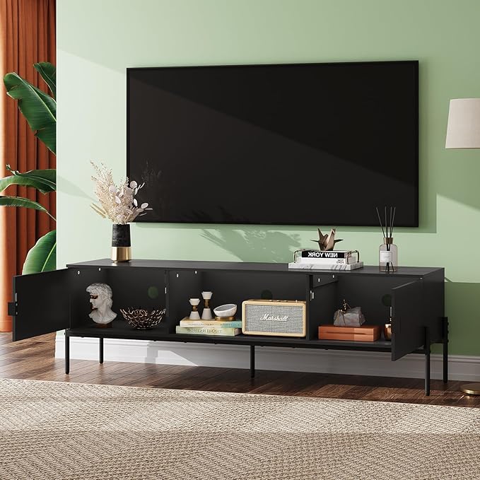 WLIVE TV Stand for 65 Inch TV Mid Century Modern Entainment Center with 2 Storage Cabinets &amp Open Shelf TV Console Table Media with Metal Legs for Living Room Bedroom Black