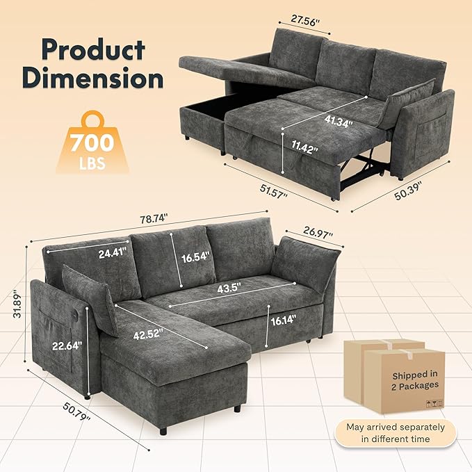 FLEXISPOT XB5 78 Pull Out Couch Bed with Storage Chaise3-Seater Sectional Sofa Bed with USB Charging Ports 2-in-1 Convertible Sofa Couch for Living Room Apartment Easy to Assemble(Gray)