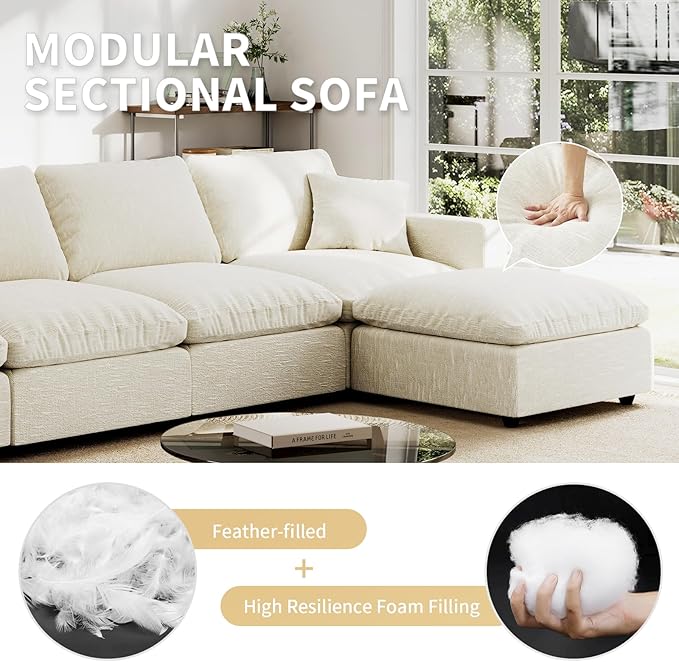 Modular Cloud Sectional Couches for Living RoomL Shaped Filled-Down Sofas95.4 Detachable Couch Cushion CoversCozy Sofa for Apartment Beige