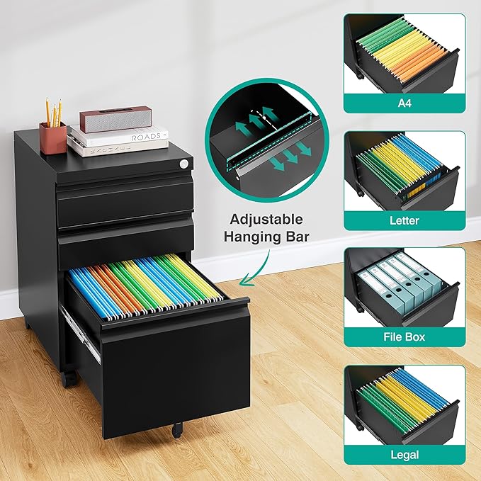 3 Drawer File Cabinet with LockUnder Desk File Cabinet with WheelsBlack Rolling Filing CabinetsThree Drawer Metal Filing Cabinet for Home OfficeFit A4/Letter/Legal File- Assembly Required