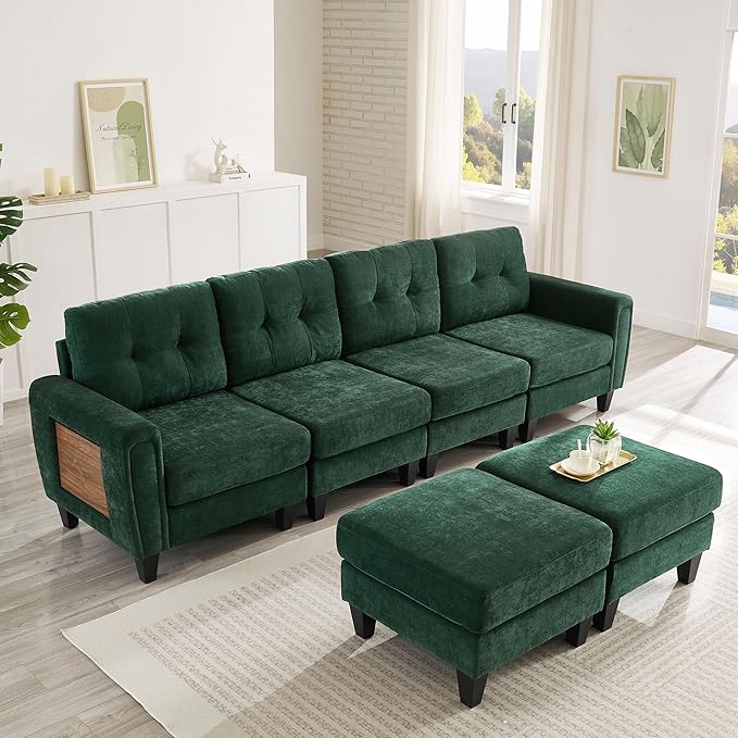 P PURLOVE Modern Sectional Sofa Couch Pull-Out Sofa Bed Versatile Sleeper with Two Movable Ottomans USB Ports and Side Tables for Living Room Apartment (Green)