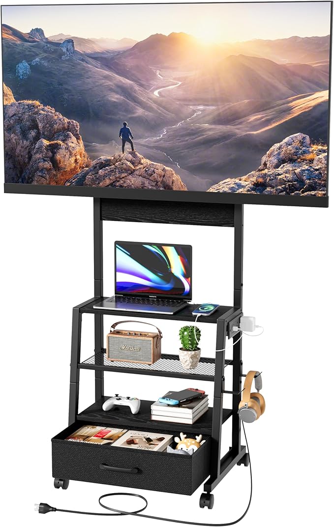 Rolling TV Stand with Wheels and Mount - Small Corner TV Stand with Power Outlet for 32-55 inch TV Entertainment Center with Fabric Drawer Storage for Living Room Bedroom Black