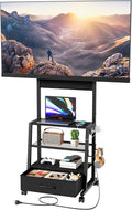Rolling TV Stand with Wheels and Mount - Small Corner TV Stand with Power Outlet for 32-55 inch TV Entertainment Center with Fabric Drawer Storage for Living Room Bedroom Black