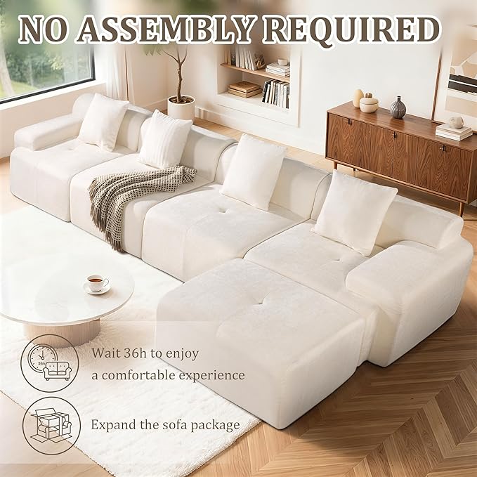 108 Cloud Sectional Couch Comfort U Shaped Boneless Couch for Living Room Extra Deep Seats No Assembly Minimalist Modular Sofa Corduroy (Off-White U-Shaped:3+2)