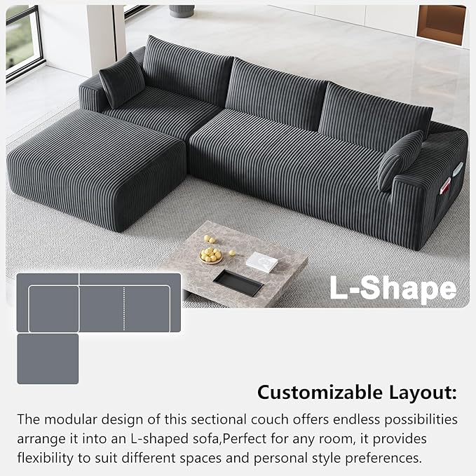 108 Cloud Couch Modular Sectional Sofa for Living RoomL Shaped Boneless Couch with Deep Seat ChaiseNo Assembly Required Foam Sleeper Sofa for ApartmentsPlush Corduroy Fabric Dark Gray
