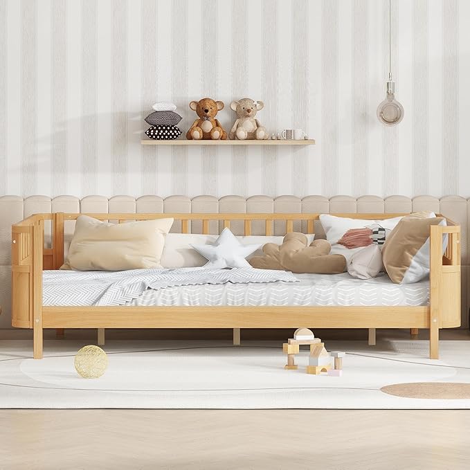 Bellemave Twin Size Montessori Bed with Fence and Slats Natural