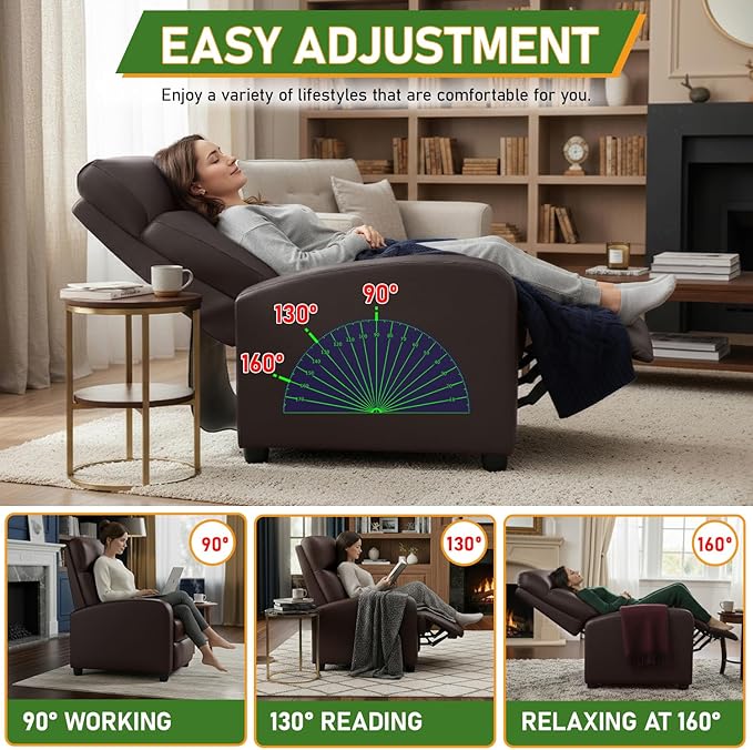 PayLessHere Recliner Chair Single Reclining Sofa Home Theater Seating with Lumbar Support and Padded Backrest for Living Room and Bedroom (Leather Brown-Massage)