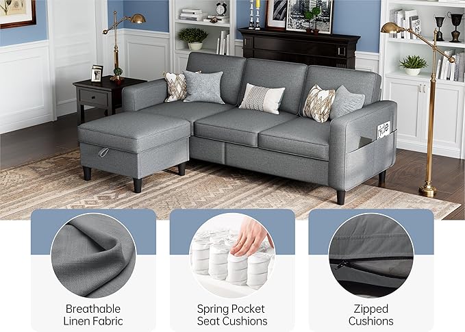 Sectional Sofas Couches for Living Room Convertible L Shaped Couch | Sofa with Ottoman Washable Sofa Covers 78 Small Couch Grey Linen Fabric 3 Seat Storage Couch