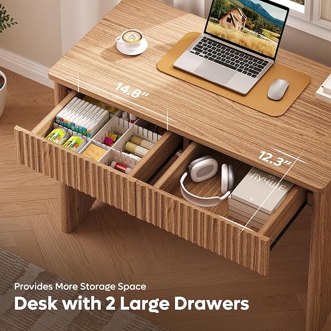Bestier 40 Inch Fluted Wood Computer Desk with Drawers Modern Home Office Desk Compact Writing Desk Laptop PC Desk for Bedroom Studio Study Room Small Space &amp Dorm