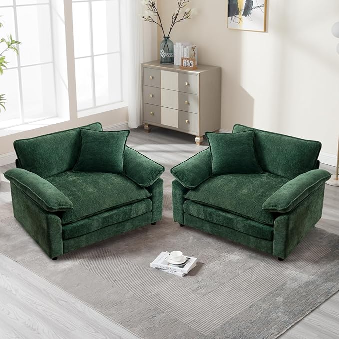 Green Modern Oversized Chair Set of 2 Comfy Chenille Accent Chair Large Upholstered Armchair with Extra Thick and Deep Seat Lounge Chair for Living RoomBedroomApartment