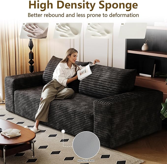 63 Boneless Loveseat Sofa - Cloud Couch with Memory Foam Comfy Deep Seat - Corduroy Floor Sofa No Assembly Required - Small Space Friendly for Living Room Bedroom Apartment Black