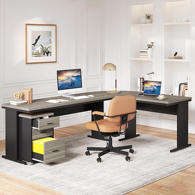 Tribesigns 83 Inch L-Shaped Executive Desk with Drawers Large Office Computer Desk with File Cabinet Business Workstation Furniture for Home Office (Gray)