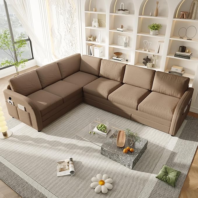 115 L-Shaped Sofa Couch with Pull-Out BedOversize Convertible Sleeper Sofa with Side Pocket &amp USB PortTeddy Upholstered Sectional Couches with Convert Left/Right Facing (Coffee Teddy)