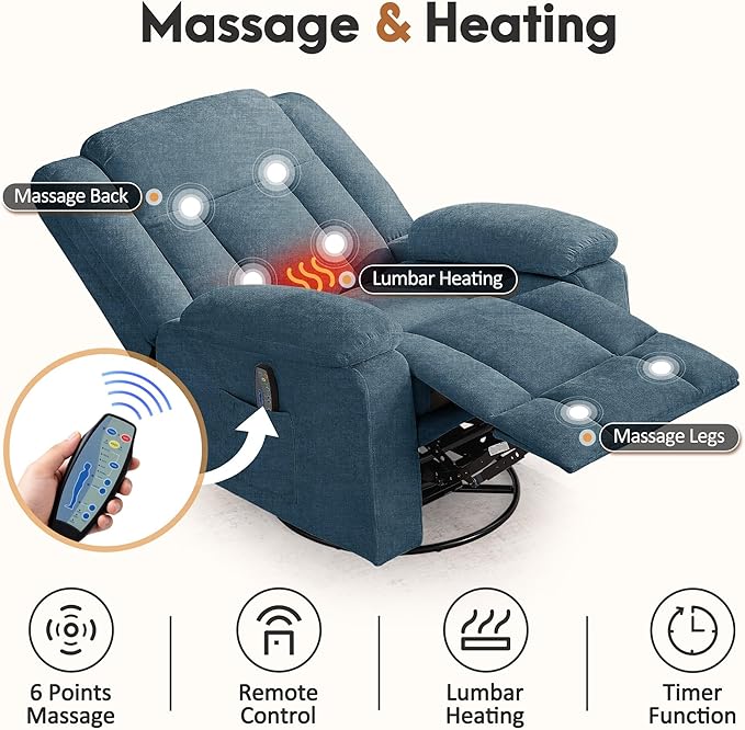 Rocker Recliner Chair for Adults 360° Swivel Rocker Recliner with Massage and Heating Nursery Rocking Chairs with Side Pockets Manual Reclining Chair for Living Room Bedroom or Nursery
