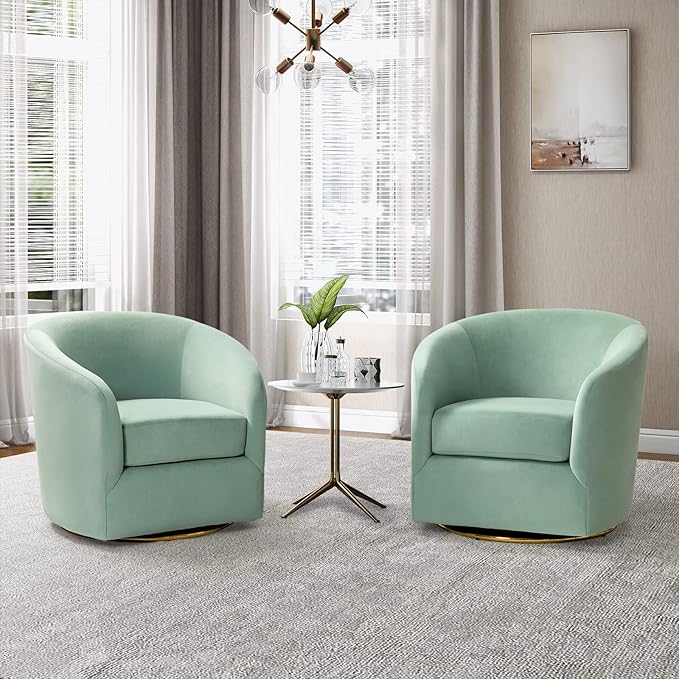 HULALA HOME Swivel Accent Chair with Gold Metal Base Set of 2 Contemporary Velvet Curved Swivel Barrel Chair Upholstered Club Armchair Leisure Single Sofa for Living Room Nursery Bedroom(SAGE)