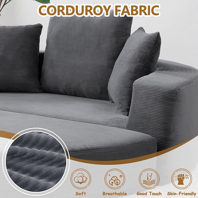 67” Foldable Couch Bed Corduroy Round Floor Couch with 3 Comfy Pillows 2 in 1 Convertible Sofa Bed for Living Room Apartment 380 LBS Capacity No Assembly (Gray)