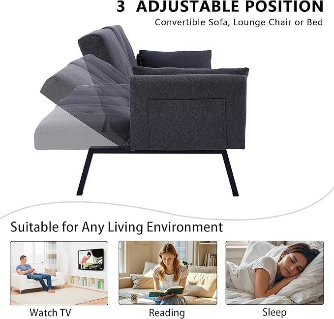 70 Futon Sofa with CupholdersAdjustable Backrest Cotton Linen with Cup Holders and 2 Throw Pillows Sleeper Sofa for Living Room Apartment Small Space (Dark Grey)