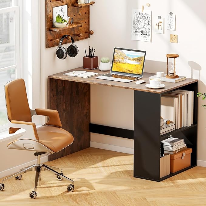 Giantex Small Desk with Bookshelf 44 Inch Modern Computer Desk for Small Spaces Laptop PC Desk Vanity Table for Bedroom Study Writing Desk for Home Office (Black+Rustic Brown)