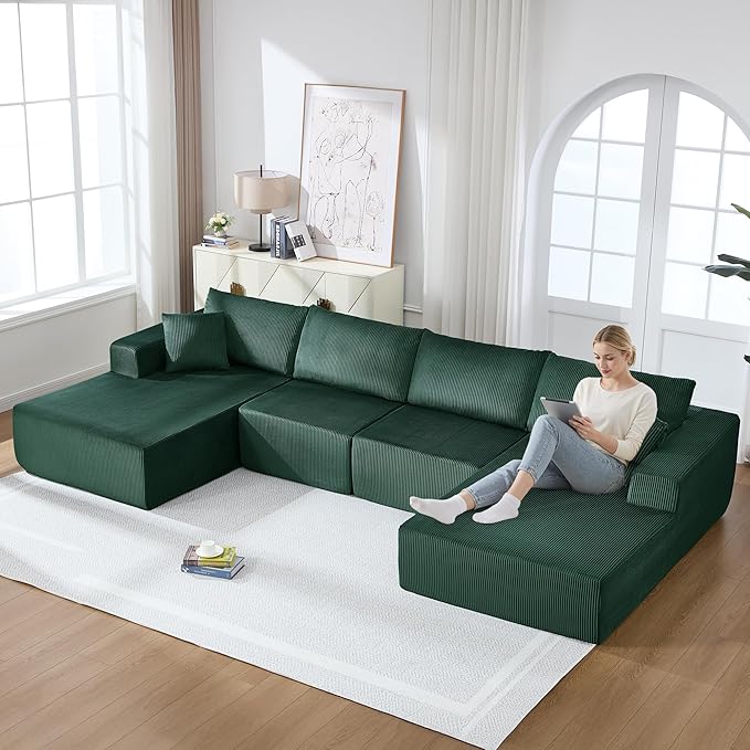 Modular Sectional Sofa146 U-Shaped Boneless Sofa for Living RoomOversized 4-Seater Deep Seat Cloud CouchesCorduroy Upholstered Corner Sofa CouchNo Assembly RequiredGreen