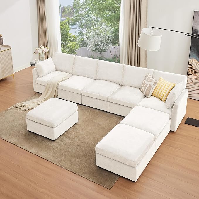 Tbfit L Shaped Couch 8 Seat Sectional Sofa for Living RoomChenille Cloud Couch with Ottoman Beige