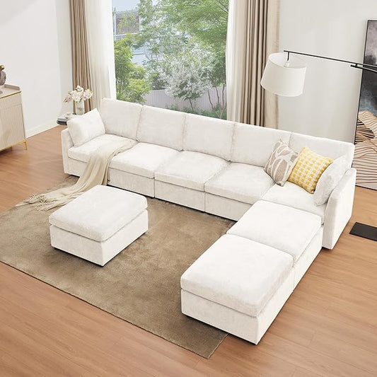 Tbfit L Shaped Couch 8 Seat Sectional Sofa for Living RoomChenille Cloud Couch with Ottoman Beige