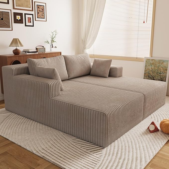 71Oversized Chaise Lounge ChairSectional Double Lounge Chaise with Pillows Upholstered Corduroy Boneless Lounge Chair Fluffy Modern Loveseat Sleeper Sofa for Living Room or Bedroom(Camel)