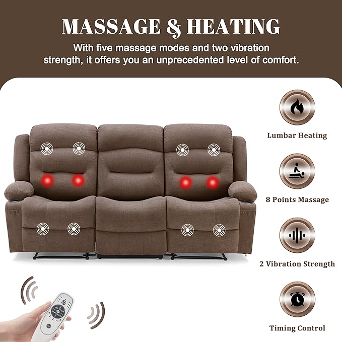 Oversized Recliner Sofa with Massage and Heat Large Big 3-Seater RV Recliner Couch Sofa for Living Room Wall-Hugger Reclining Sofa with Cup Holders and USB Port (Fabric Brown)