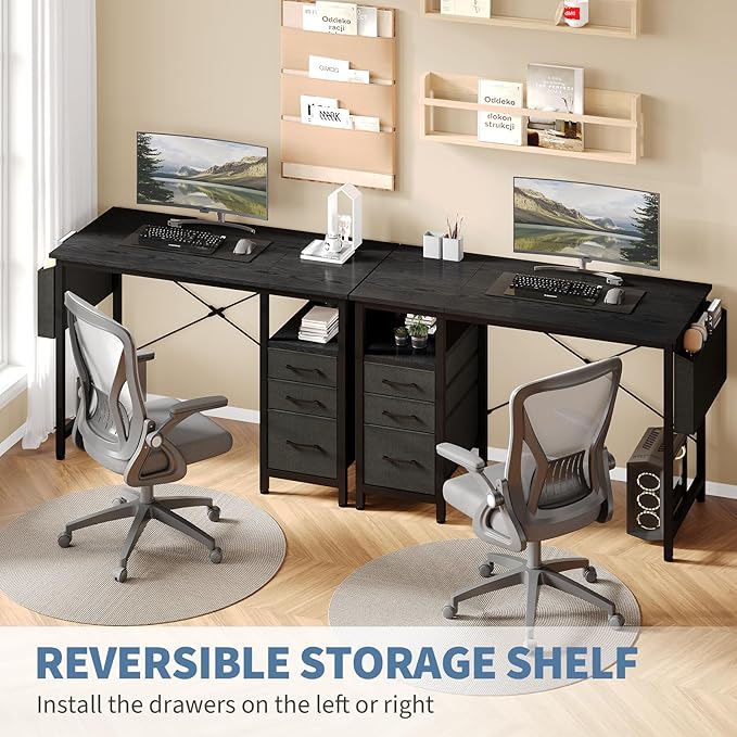 DUMOS 39 Computer Desk with Storage Small Home Office Desk with 3 Fabric Drawers &amp Side Pocket Space Saving Writing Desk for Apartment Dorm Gaming Workstation Black