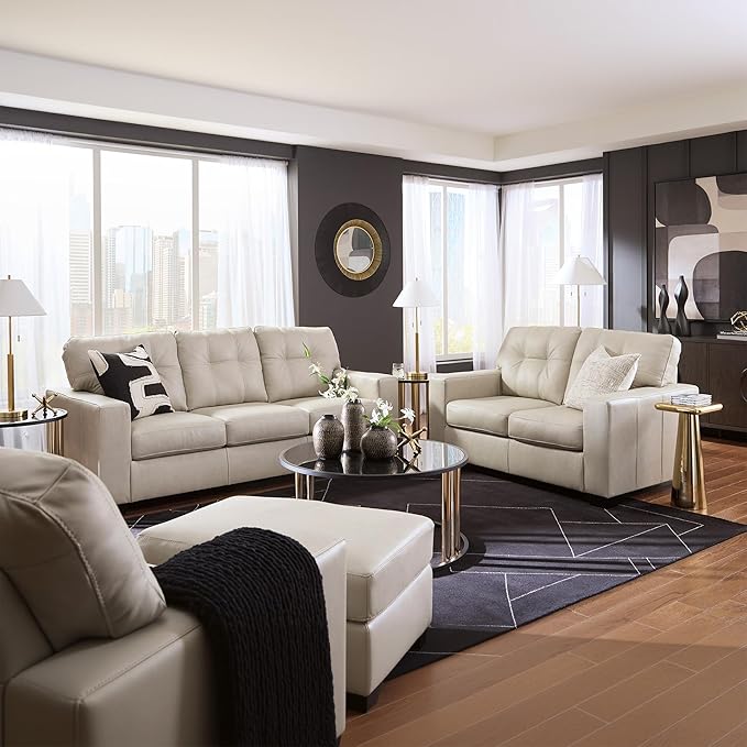 Signature Design by Ashley Santorine Classic Leather Match Loveseat with Tufted Cushion and Removable Cushion Light Gray