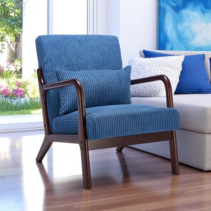 Mid-Century Modern Accent Chair Arm Chair Living Room Chairs with Pillow Upholstered Reading Chair with Solid Wood Frame &amp Corduroy Fabrics for Living Room Bedroom Balcony (Corduroy Sapphire Blu