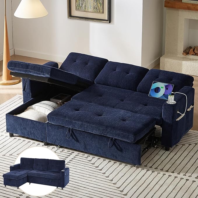 ONBRILL Sleeper SofaPull Out Couch Bed with Storage ChaiseL Shaped Cloud Couch with Adjustable BackrestSectional Couches for Living RoomApartmentTool-Free Assembly ChenilleBlue