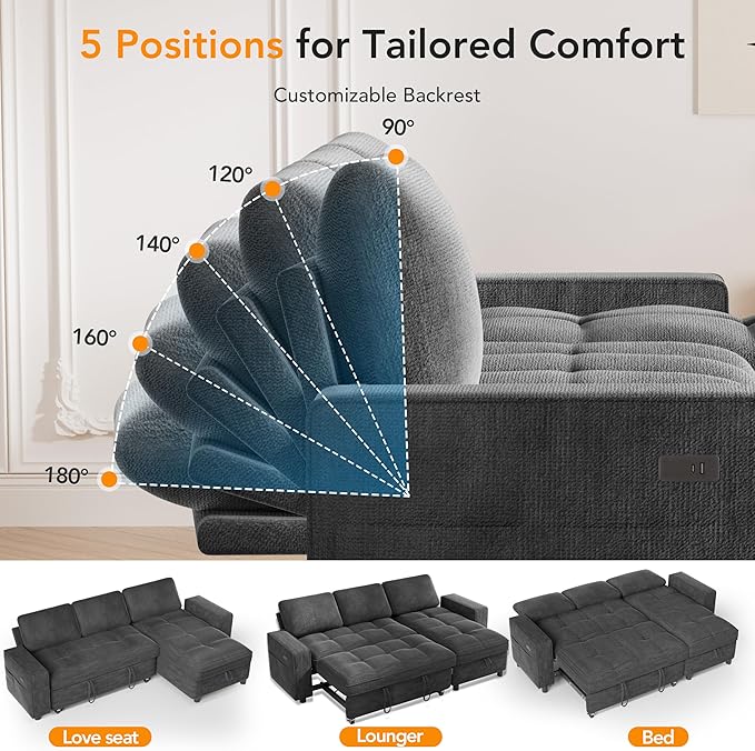 Sunny Heart Sleeper Sofa Bed 81 L Shaped Couch Sleeper Sofa Pull Out Couch Bed with Reclining Backrest | Reversible Storage Chaise | USB Port | Side Pocket | Tool-Free Assembly | Chenille Dark Grey