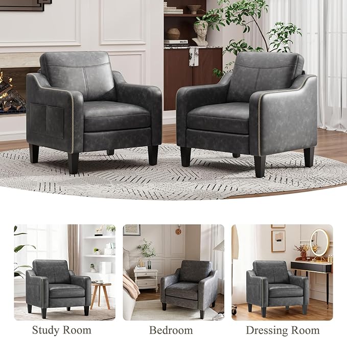 PU Leather Accent Chair Set of 2 Mid-Century Modern Living Room Armchair Sofa with Removable Cushions Solid Wood Frame &amp Stitched Armrest Design Bedroom Chair with Plastic Legs Black