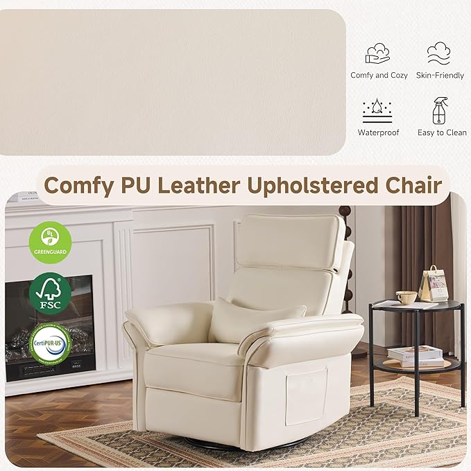 MELLCOM Power Recliner Rocking Chair Nursery Gliders with Adjustable Armrests and Headrest Swivel Electric Glider Reclining Nursing Chair with Storage Bags and USB Port FSC Certified(Beige Leather)