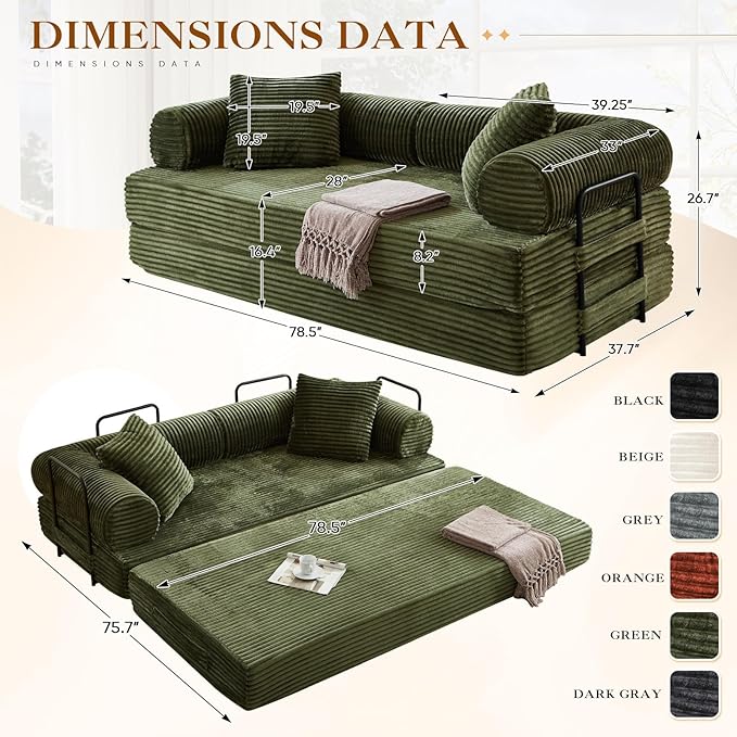78.5W Convertible Folding Sofa Bed Corduroy Upholstered Queen Size Foam Floor Couch with Fixed-Shaped Frame Loveseat Sleeper Compression Sofa Foldable Mattress for Living Room Bedroom(Green)