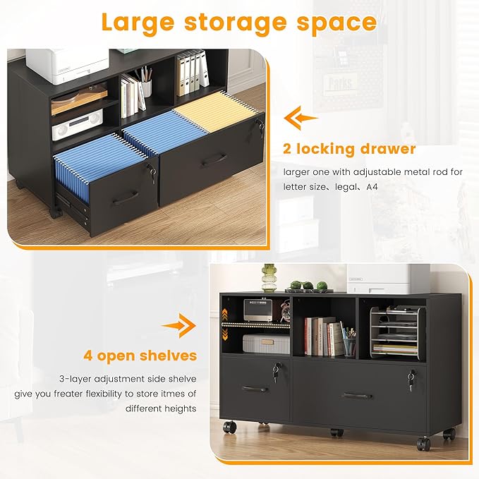 2 Drawer Wood Mobile Large Lateral File Cabinet Lockable Rolling Filing Cabinet with Storage Shelves Printer Stand Office Storage Cabinet for Home Office Fits Files Legal/A4 Black