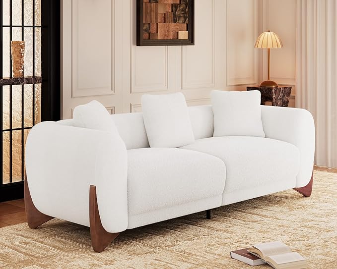 Morden Fort 2 Piece Cloud Couch Set Modern Sherpa Boucle Sofa Set with Wood Legs Skin-Friendly Minimalist Upholstered Comfy Couch Sofa for Living Room White 3-Seater &amp Geen Tilt Back Chair Mix