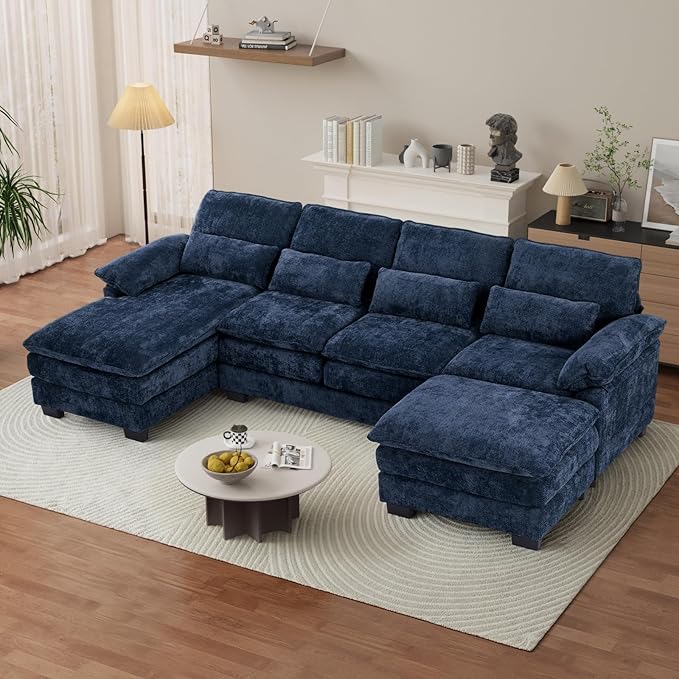 OUYESSIR 114 U Shape Sectional Cloud Couch with OttomanFluffy Sectional Couches for Living Room4 Seater Modular Sectionals SofaComfy Cloud Sofas &amp Couches with 4 PillowsNavy Blue