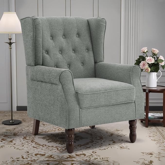 Lumibee High Back Accent ChairUpholstered Wingback Armchair with Solid Wood Legs for Small SpacesComfy Single Sofa Chair for Living RoomBedroomOffice-Gray