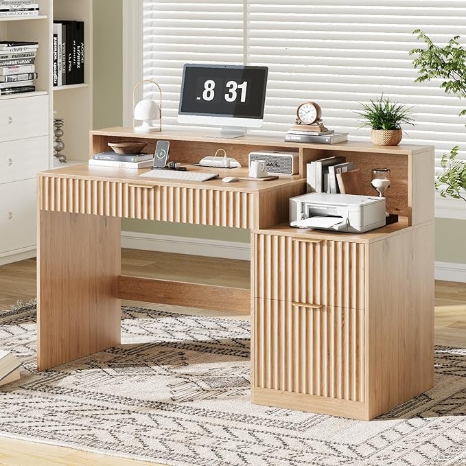 Vabches Fluted Computer Desk with Drawers Home Office Desk with Power Outlets Printer Stand and Storage Cabinet Study Writing Desks with Long Monitor Stand Oak