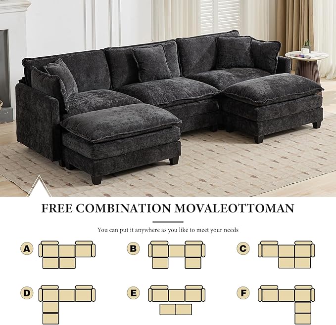 111.5” Black Modular Sectional Sofa 3 Seater Large Sectional Couches for Living Room Chenille Fabric Oversized Cloud Couch with Ottoman Deep Seat Home Sofas Set Sofá Moderno U Shaped