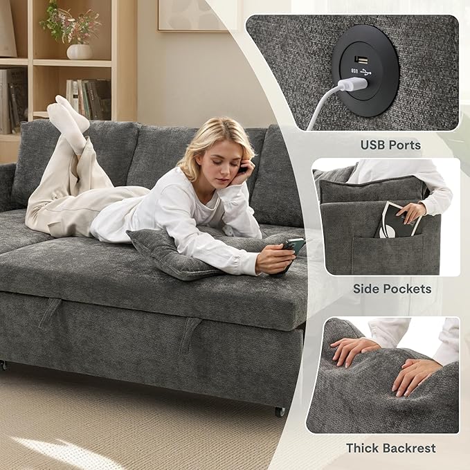 FLEXISPOT XB5 78 Pull Out Couch Bed with Storage Chaise3-Seater Sectional Sofa Bed with USB Charging Ports 2-in-1 Convertible Sofa Couch for Living Room Apartment Easy to Assemble(Gray)