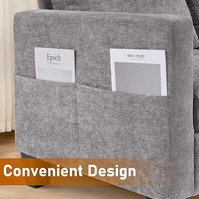 Furnimart Modern Small 3-Seater Sofa Set with Storage Ottoman Compact Couch for Small Space Chenille Fabric Solid Wood Frame Side Pocket &amp Storage Footstool Living Room Apartment(Grey)